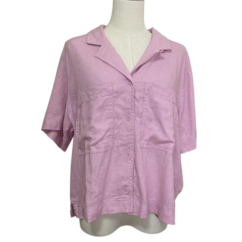 Buffalo David Bitton Button Down Blouse Pink Women's Sz Large Linen Blend